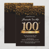 100th Birthday Invitation Black en Gold Glitter Kaart (Voorkant / Achterkant)