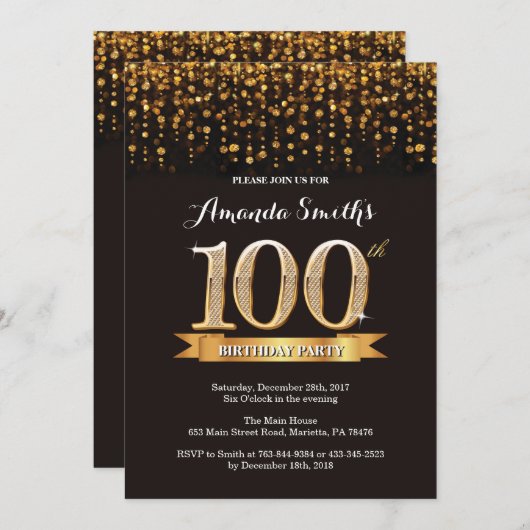 100th Birthday Invitation Black en Gold Glitter Kaart (Voorkant / Achterkant)
