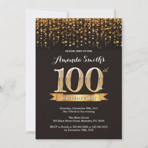 100th Birthday Invitation Black en Gold Glitter Kaart