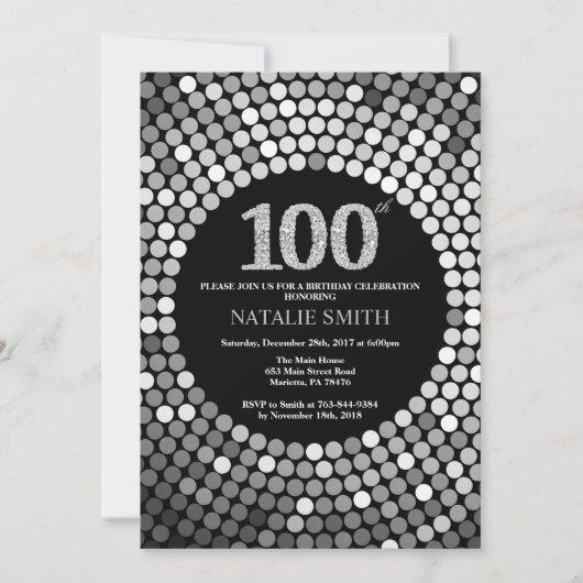 100th Birthday Invitation Black en Silver Glitter Kaart (Voorkant)