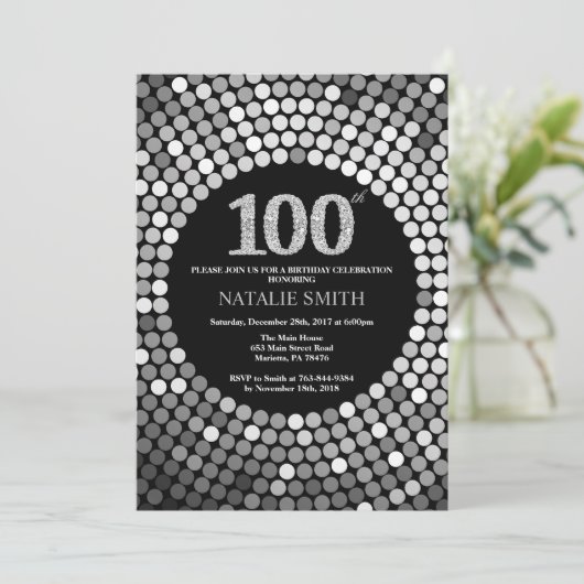 100th Birthday Invitation Black en Silver Glitter Kaart (Staand voorkant)