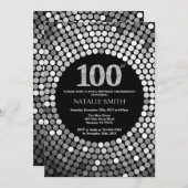 100th Birthday Invitation Black en Silver Glitter Kaart (Voorkant / Achterkant)