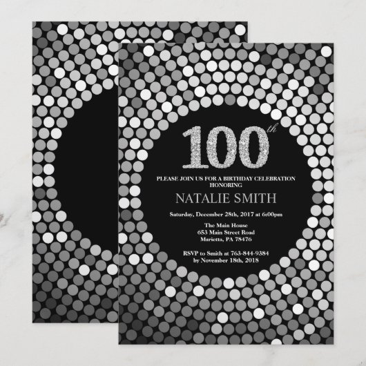 100th Birthday Invitation Black en Silver Glitter Kaart (Voorkant / Achterkant)