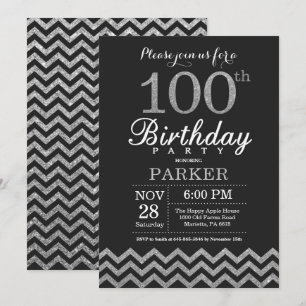 100th Birthday Invitation Black en Silver Glitter Kaart
