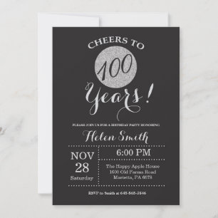 100th Birthday Invitation Black en Silver Glitter Kaart