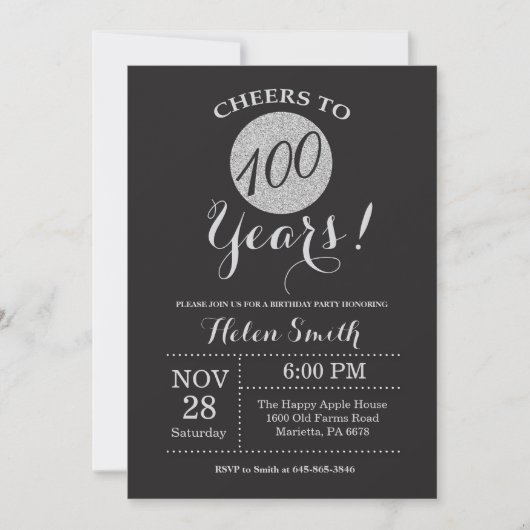 100th Birthday Invitation Black en Silver Glitter Kaart (Voorkant)