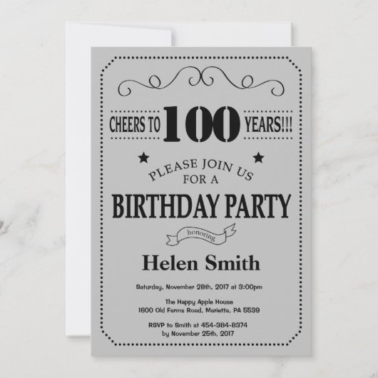 100th Birthday Invitation Black en Silver Grey Kaart (Voorkant)