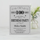 100th Birthday Invitation Black en Silver Grey Kaart (Staand voorkant)