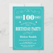 100th Birthday Invitation Blauwgroen en Whit Kaart (Voorkant)
