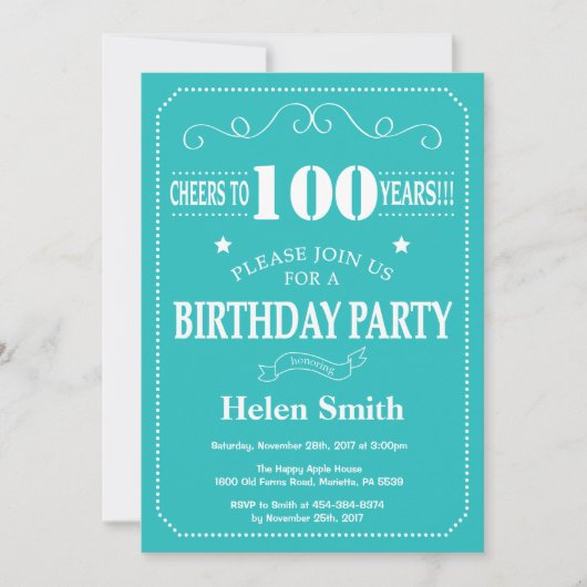 100th Birthday Invitation Blauwgroen en Whit Kaart (Voorkant)