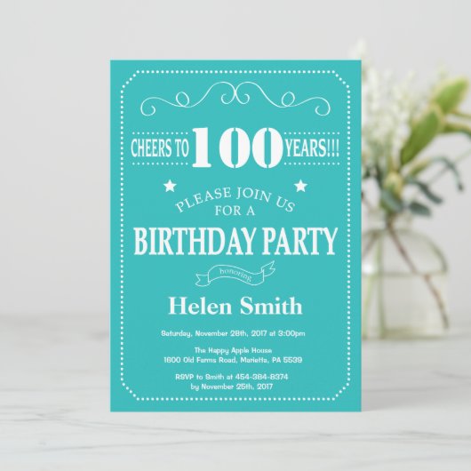 100th Birthday Invitation Blauwgroen en Whit Kaart (Staand voorkant)