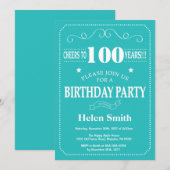 100th Birthday Invitation Blauwgroen en Whit Kaart (Voorkant / Achterkant)
