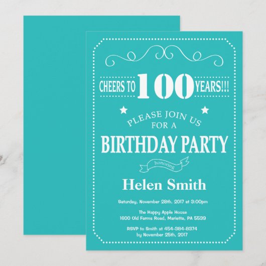 100th Birthday Invitation Blauwgroen en Whit Kaart (Voorkant / Achterkant)