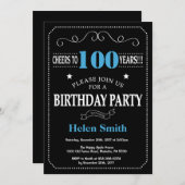 100th Birthday Invitation Blue Black Chalkboard Kaart (Voorkant / Achterkant)