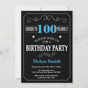 100th Birthday Invitation Blue Black Chalkboard Kaart