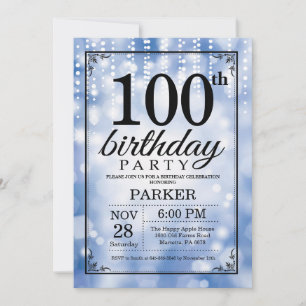 100th Birthday Invitation Blue Glitter Kaart