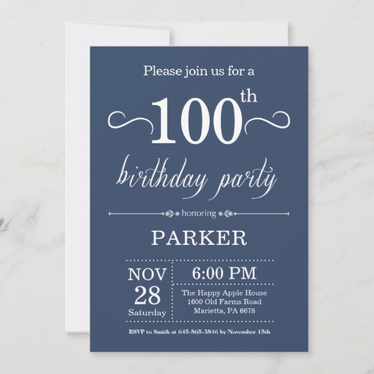 100th Birthday Invitation Blue Kaart (Voorkant)