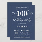100th Birthday Invitation Blue Kaart (Voorkant / Achterkant)