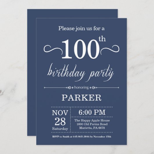 100th Birthday Invitation Blue Kaart (Voorkant / Achterkant)