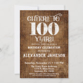 100th Birthday Invitation Brown Linen Rustic Cheer Kaart (Voorkant)