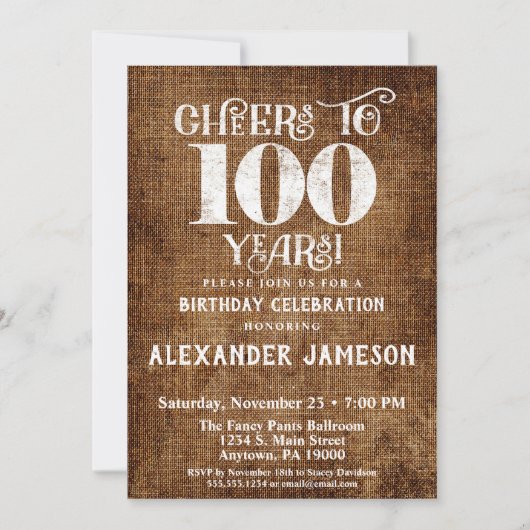 100th Birthday Invitation Brown Linen Rustic Cheer Kaart (Voorkant)