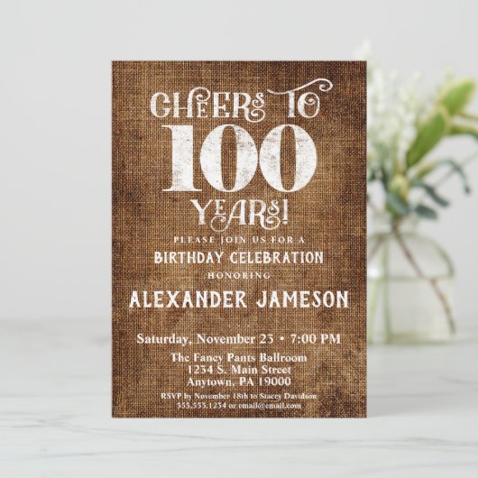 100th Birthday Invitation Brown Linen Rustic Cheer Kaart (Staand voorkant)
