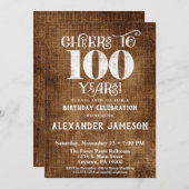 100th Birthday Invitation Brown Linen Rustic Cheer Kaart (Voorkant / Achterkant)
