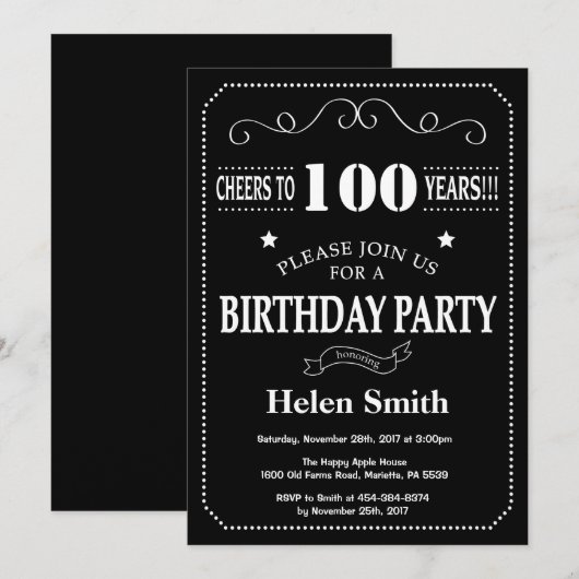 100th Birthday Invitation Chalkboard Kaart (Voorkant / Achterkant)