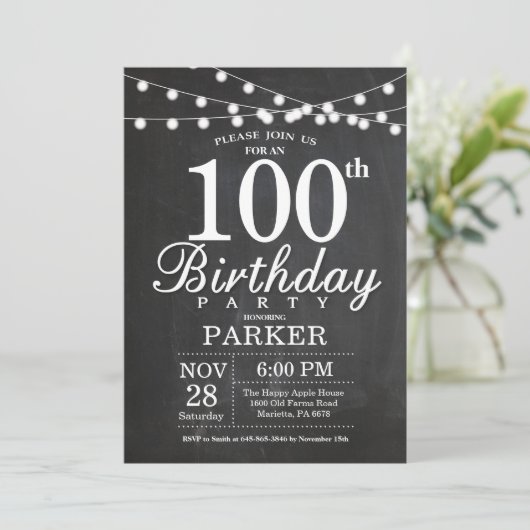 100th Birthday Invitation Chalkboard String Lights Kaart (Staand voorkant)