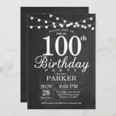 100th Birthday Invitation Chalkboard String Lights Kaart (Voorkant / Achterkant)