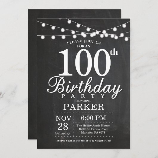 100th Birthday Invitation Chalkboard String Lights Kaart (Voorkant / Achterkant)