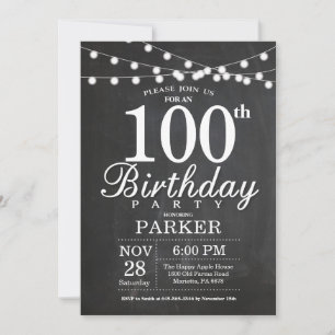 100th Birthday Invitation Chalkboard String Lights Kaart