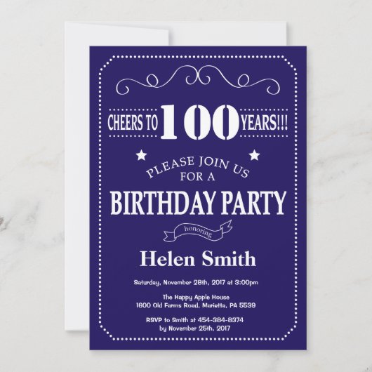 100th Birthday Invitation Navy Blue en Whit Kaart (Voorkant)
