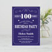100th Birthday Invitation Navy Blue en Whit Kaart (Staand voorkant)
