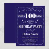 100th Birthday Invitation Navy Blue en Whit Kaart (Voorkant / Achterkant)