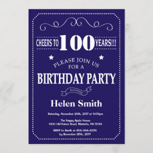 100th Birthday Invitation Navy Blue en Whit Kaart