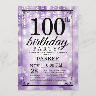 100th Birthday Invitation Paars Glitter Kaart