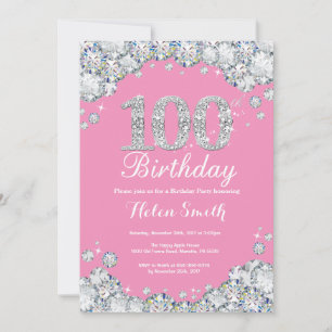 100th Birthday Invitation Pink and Silver Diamond Kaart