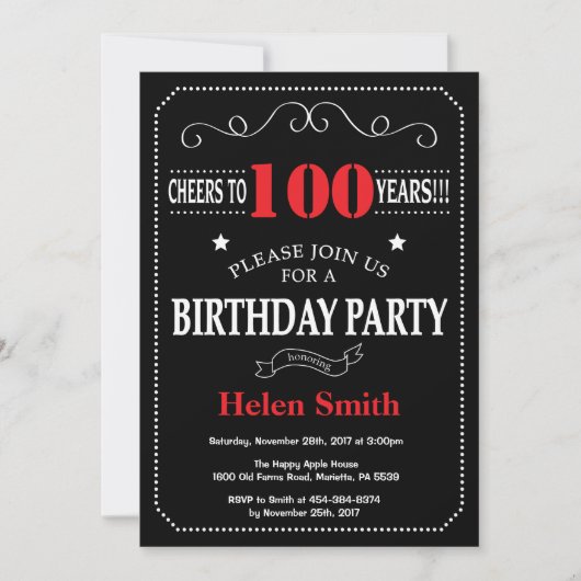 100th Birthday Invitation Red en Black Chalkboard Kaart (Voorkant)