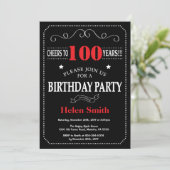 100th Birthday Invitation Red en Black Chalkboard Kaart (Staand voorkant)