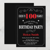 100th Birthday Invitation Red en Black Chalkboard Kaart (Voorkant / Achterkant)