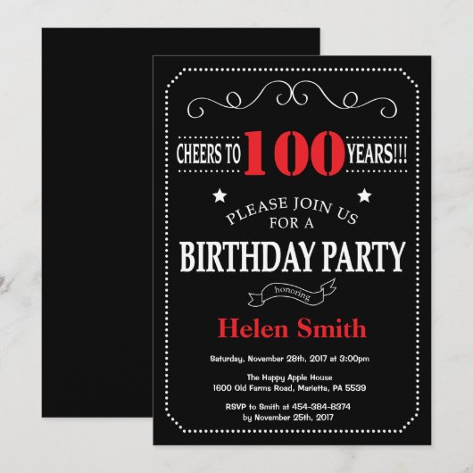 100th Birthday Invitation Red en Black Chalkboard Kaart (Voorkant / Achterkant)
