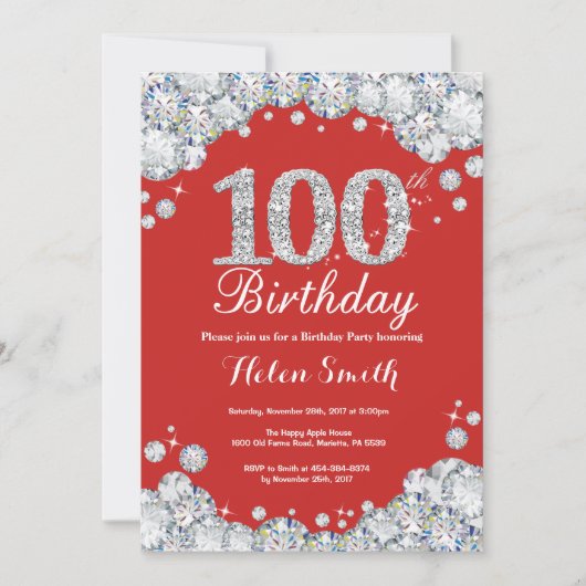 100th Birthday Invitation Red en Silver Diamond Kaart (Voorkant)