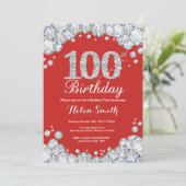 100th Birthday Invitation Red en Silver Diamond Kaart (Staand voorkant)