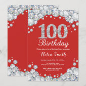 100th Birthday Invitation Red en Silver Diamond Kaart (Voorkant / Achterkant)