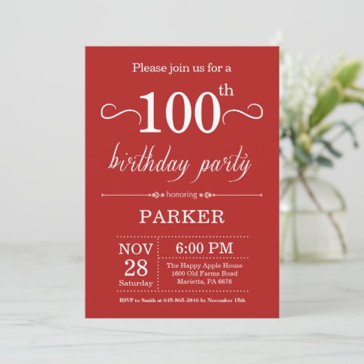 100th Birthday Invitation Red Kaart (Staand voorkant)
