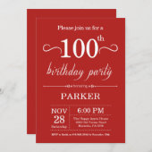 100th Birthday Invitation Red Kaart (Voorkant / Achterkant)