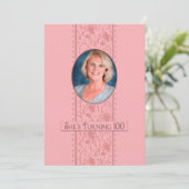 100th Birthday Invitation, Roze &Feminine, Foto Kaart (Staand voorkant)