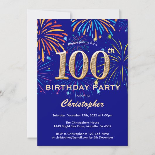 100th Birthday Navy Blu and Gold Rainbow Fireworks Kaart (Voorkant)