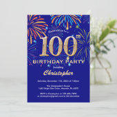 100th Birthday Navy Blu and Gold Rainbow Fireworks Kaart (Staand voorkant)